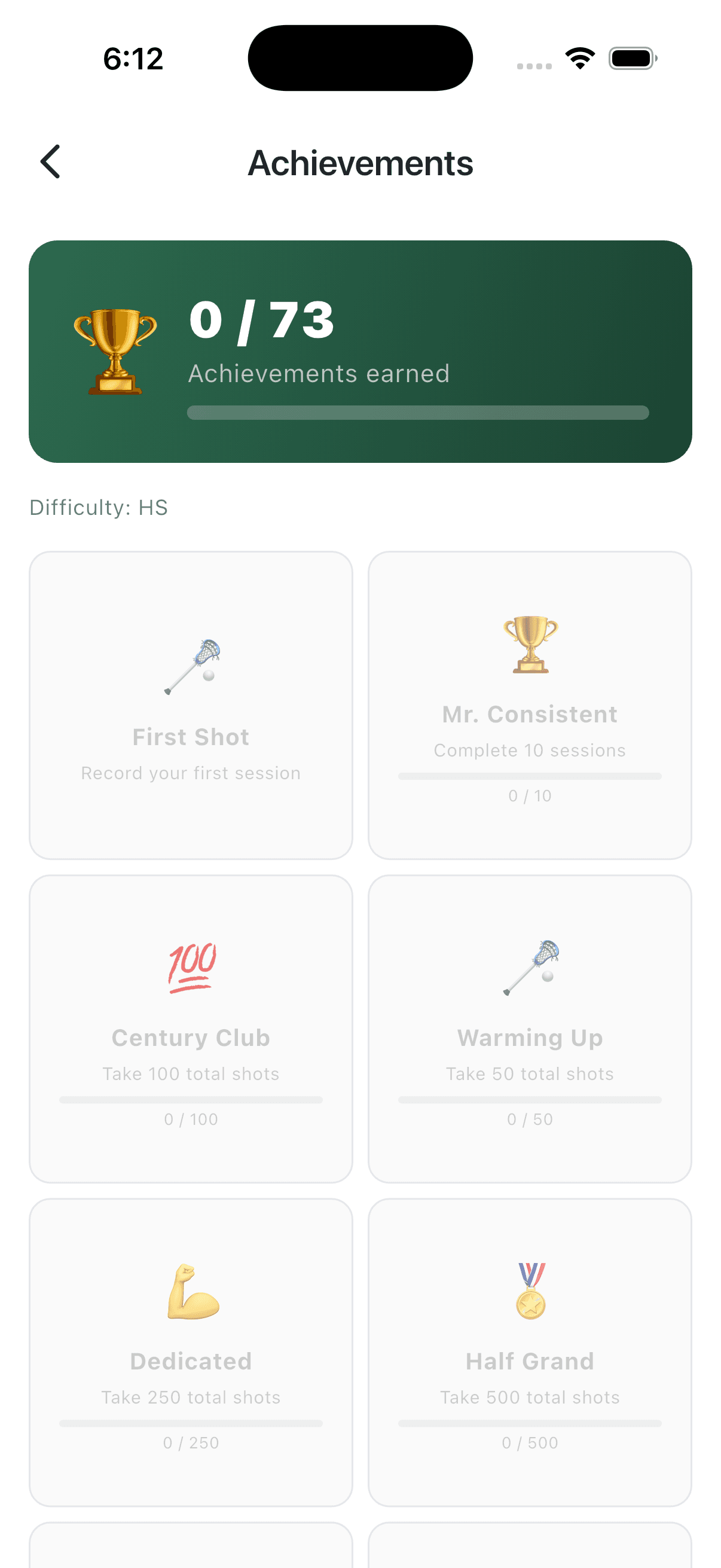 LaxForge achievements grid with First Shot, Mr. Consistent, Century Club, and more