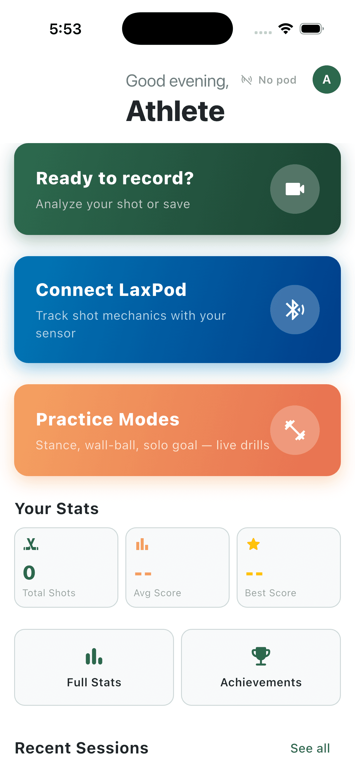 LaxForge athlete home dashboard with Ready to record, Connect LaxPod, and Practice Modes