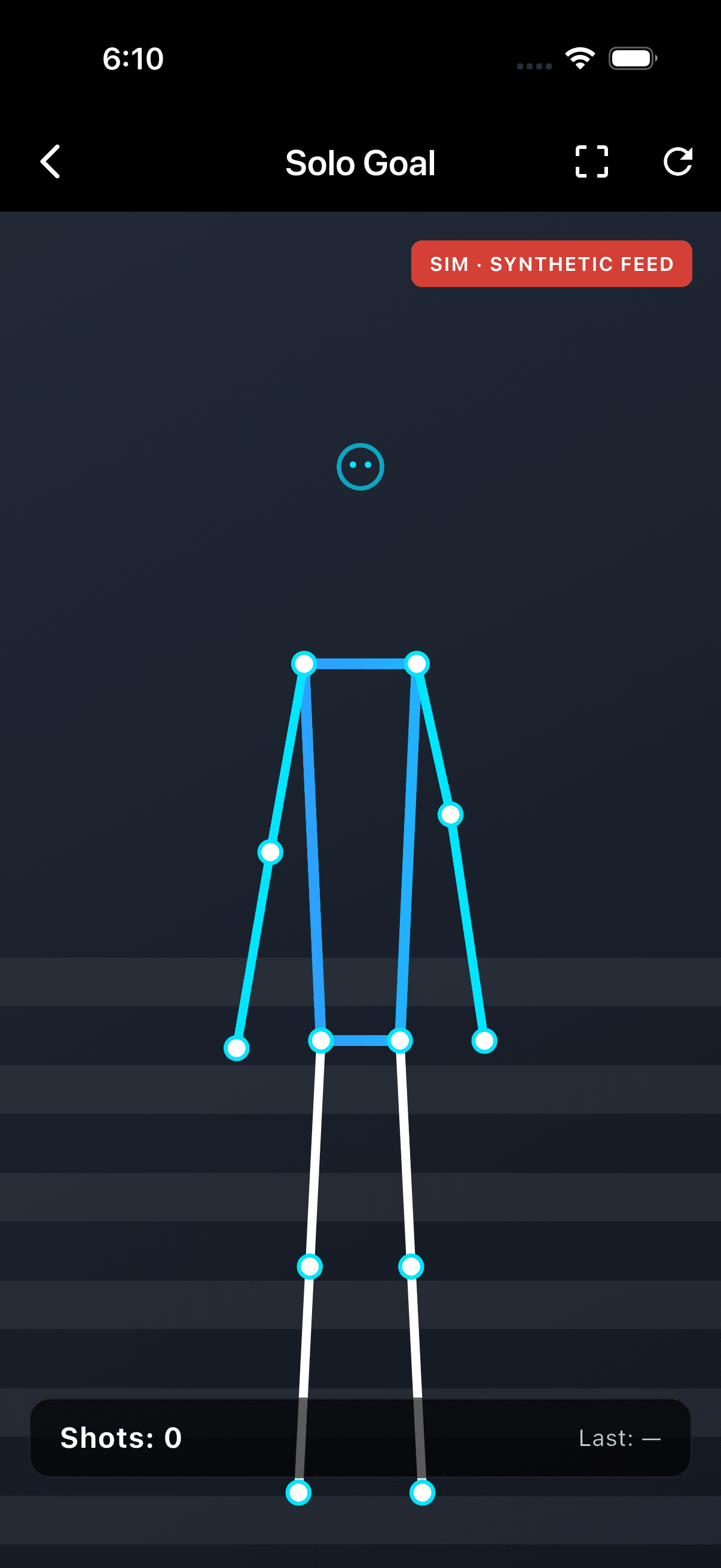 LaxForge Solo Goal mode tracking the shooter with a skeleton overlay inside a goal frame