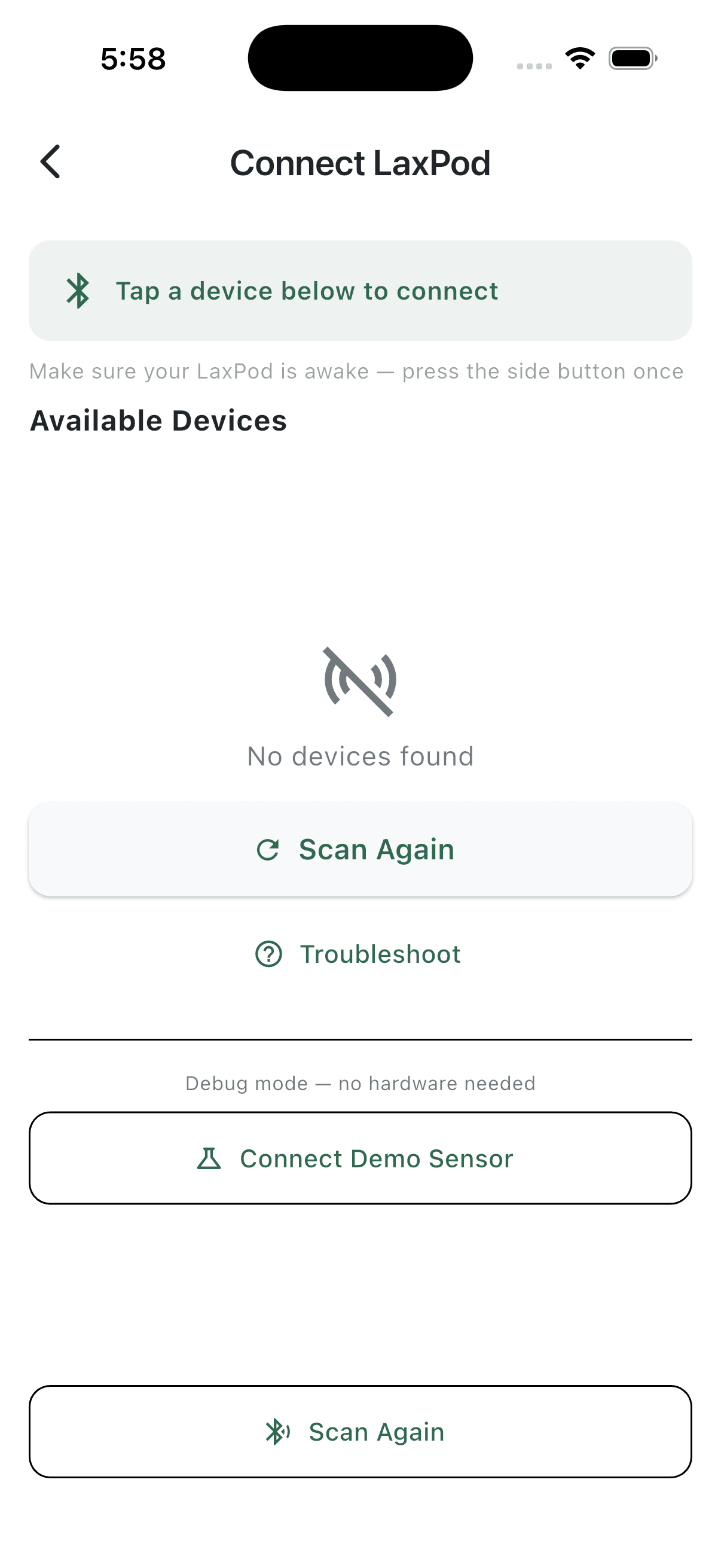 Connect LaxPod pairing screen with available devices and demo sensor option